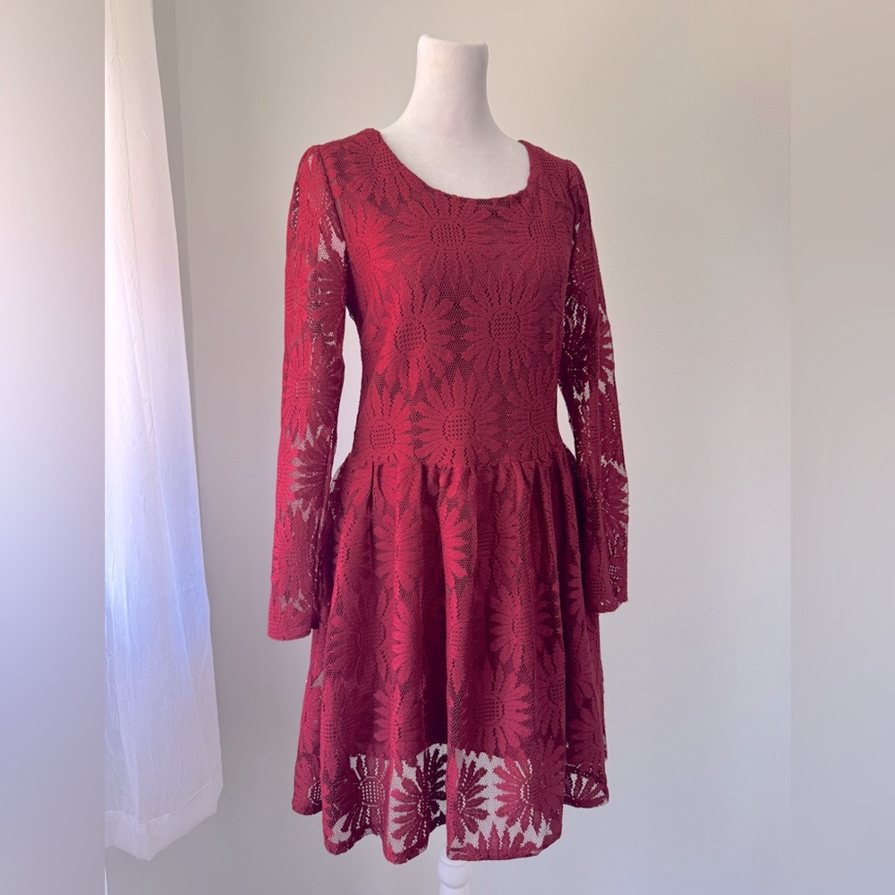 Burgundy Lace Floral Print Scoop Neck Long Sleeve A-Line Mini Dress